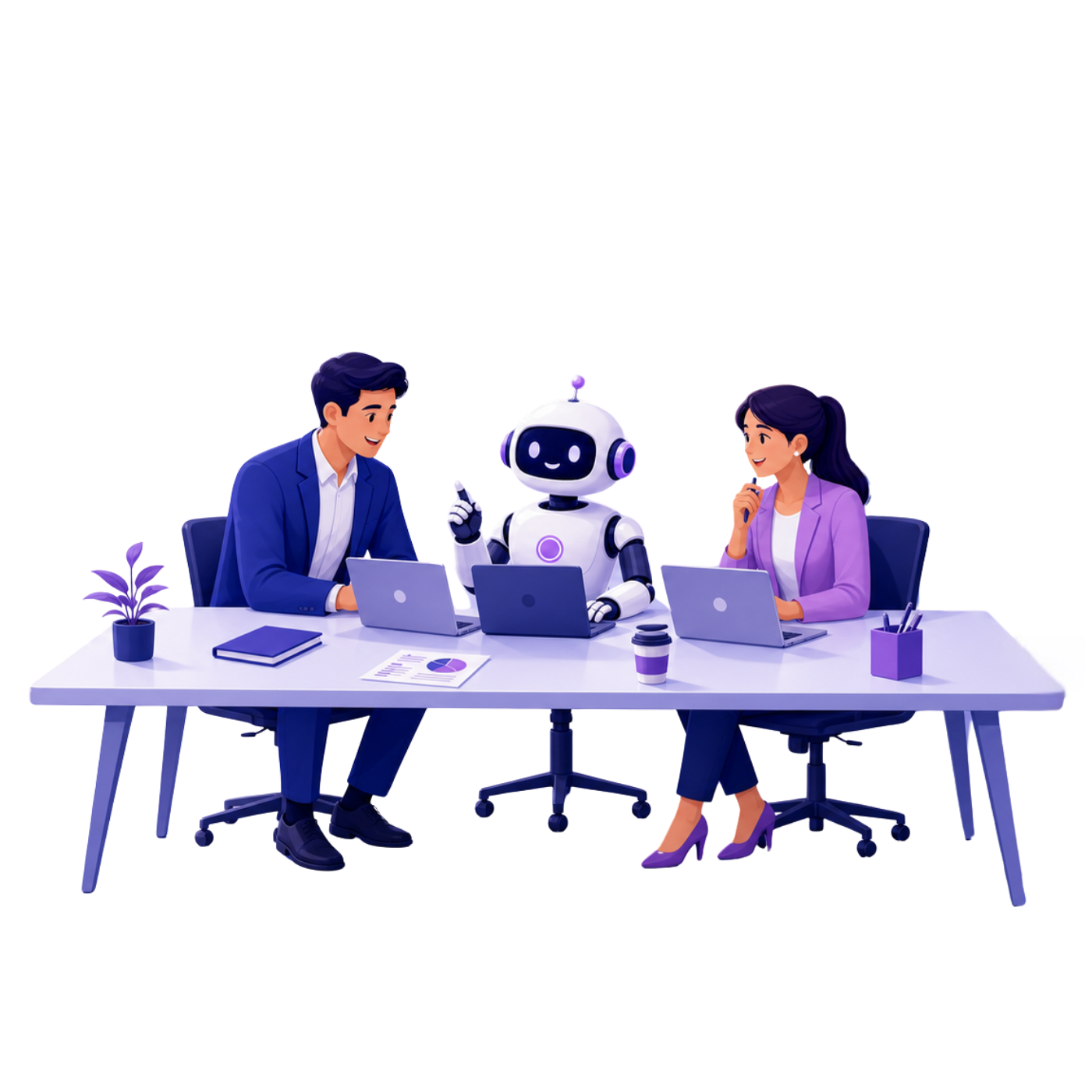 AI-Corporate gesprek met medewerkers en AI-assistent